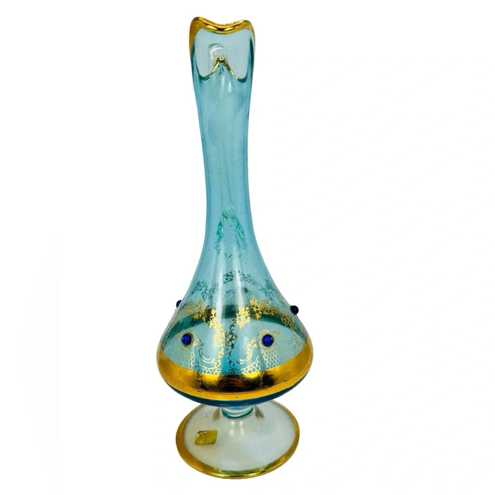 Empoli Italy Glass Aqua Blue Jeweled Decanter Mid Century No Stopper VTG